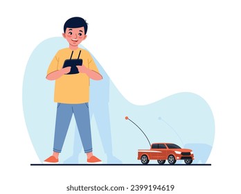 El niño conduce un coche de juguete controlado a distancia. Pequeño automóvil inalámbrico con antena, niño con joystick en las manos. Niño jugando. Feliz escolar. Concepto de vector aislado plano de dibujos animados