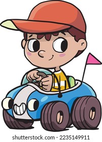 niño conduce un coche pequeño con una cara linda