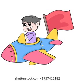 boy driving an airplane around the sky to achieve goals, vector illustration art. doodle icon image kawaii.