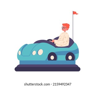 Boy Driving Bumper Car, Isolated Kid Riding Blue Electric Automobile, Attraction in Amusement Park. Child at Carnival Entertainment Riding Dodgem Auto. Character. Cartoon People Vector Illustration