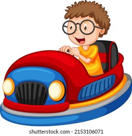 A boy driving bumper car on white background illustration