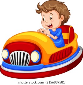 Un niño conduciendo un coche parachoques en la ilustración de fondo blanco
