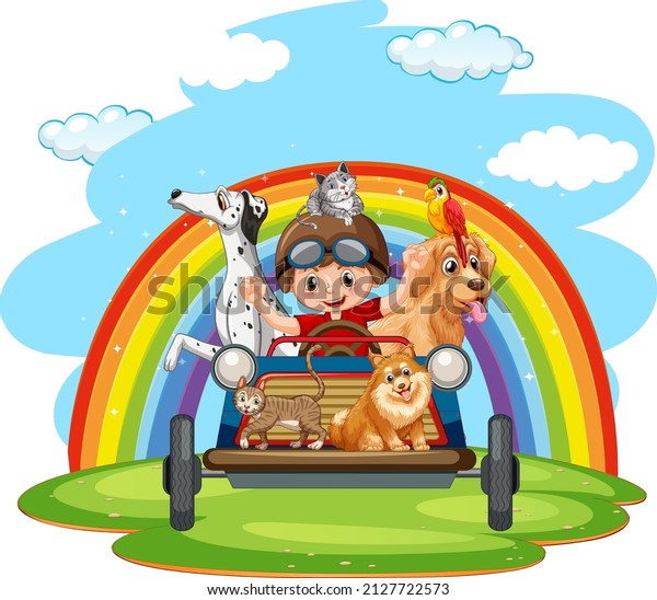 A boy\
driving a car with many dogs\
illustration