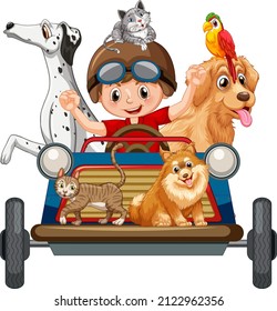 A boy driving car toy with their dogs in cartoon style illustration
