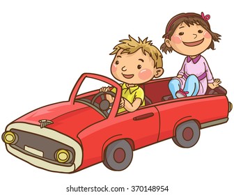 Boy driving Girl in his toy car. Isolated objects on white background. Great illustration for School books, Magazines, Advertising and more. VECTOR.