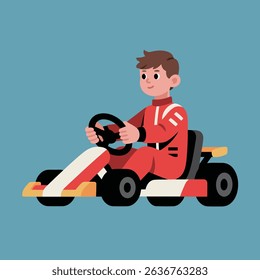 Boy Driving a Go Kart in Red Suit with White Stripes and Black Wheels