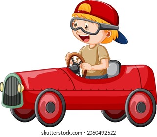 A boy driving mini car toy on white background illustration
