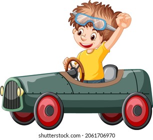 Ein Junge, der Mini-Automobil-Spielzeug auf weißem Hintergrund treibt