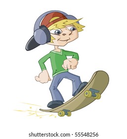 The boy is driving on a skateboard