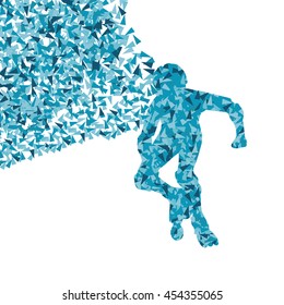 Boy driving roller skates blue abstract vector background illustration made with fragments isolated on white