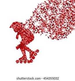 Boy driving roller skates red abstract vector background illustration made with fragments isolated on white