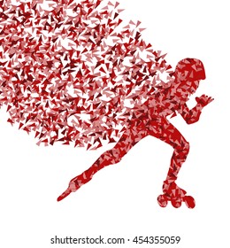 Boy driving roller skates red abstract vector background illustration made with fragments isolated on white