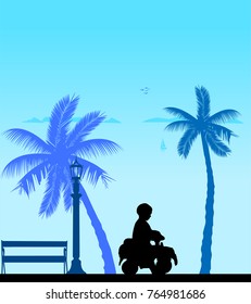 Boy driving a toy car on the beach, one in the series of similar images silhouette