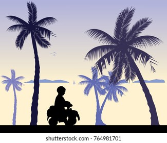 Boy driving a toy car on the beach, one in the series of similar images silhouette