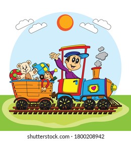 Boy driving a train with his toys vector