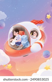 Boy driving a ufo in the universe with sister