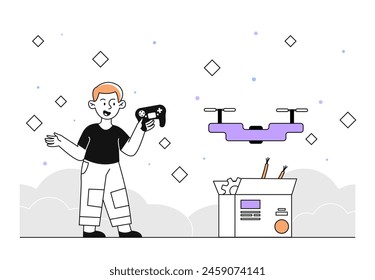 Chico con lanzamiento de drones simple. Niño con control remoto. Gadget y dispositivo para grabación y filmación al aire libre. Entretenimiento y ocio. Doodle Ilustración vectorial plana aislada sobre fondo blanco