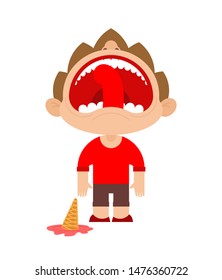 Boy dropped ice cream. Cry Baby. Crying kid with dropped icecream