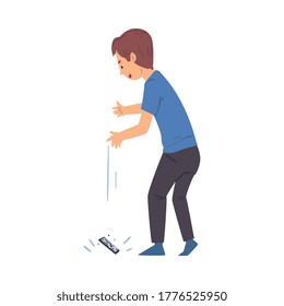 Boy Dropping His Smartphone, Sad Child with Broken Phone Cartoon Style Vector Illustration on White Background
