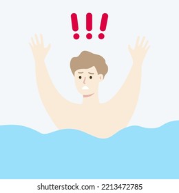 Boy drowning in pool or sea. Worried man raising hands asking for help. Emergency, underwater accident, outdoor activity, rescue concept. Flat cartoon character vector design illustration.