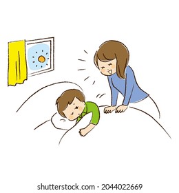 A boy with drowsy eyes and his mom wakes up brightly.