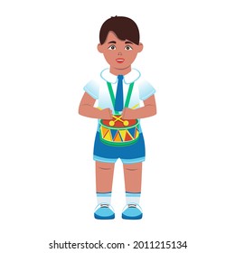 Boy with a drum. Vector. Cartoon drawing. Flat style.