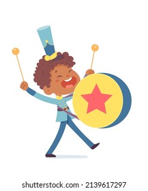 Boy drummer with drum and drumsticks walking on parade to play loud fun music and rhythm vector illustration. Cartoon little boy musician from school band marching and singing song isolated on white