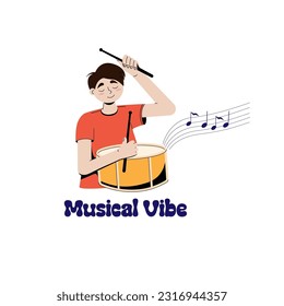 Boy drummer playing, beautiful vector boy with a drum. Flat vector illustration.