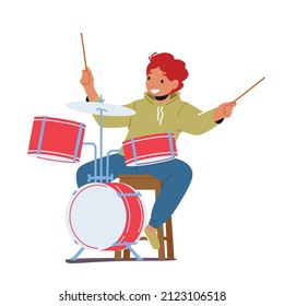 Boy Drummer Playing Musical Composition, Jazz Performance on Stage or Exam, Kid Take Part in Talent Show. Talented Child Artist Drum Player Study in Musical School. Cartoon Vector Illustration