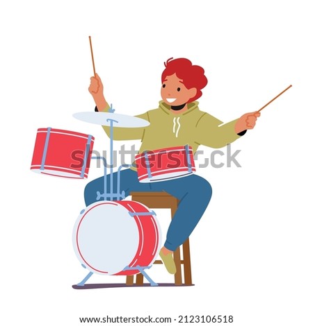 Boy Drummer Playing Musical Composition, Jazz Performance on Stage or Exam, Kid Take Part in Talent Show. Talented Child Artist Drum Player Study in Musical School. Cartoon Vector Illustration