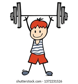 boy with dumbbells at gym, fitness, vector icon