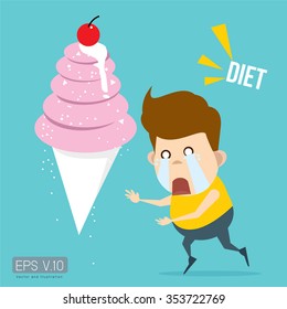 The boy dumbfounded and stopped to eat ice cream when he heard "DIET". Vector flat illustration for diet concept.