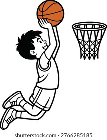 Boy dunking basketball into hoop jumping.