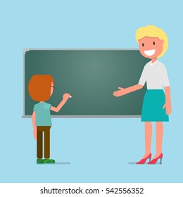 boy during a lesson, the student, the student meets at the blackboard, he wrote in chalk on the blackboard. vector illustration. flat design style. model suitable for animation (individual segments)