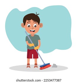 Boy dusting floor with broom. Helping kid character isolated on white background.