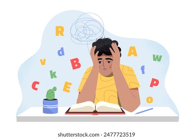Boy with dyslexia. Schoolboy tries to read book. Mental and psychological disorders. Pupil with problem of reading and understanding words. Cartoon flat vector illustration isolated on background