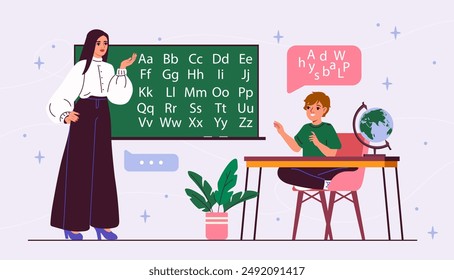 Chico con dislexia. Profesor y estudiante con problemas de lectura en clase. Mujer ayudando al escolar a aprender el tema. Trastornos psicológicos. Ilustración vectorial plana aislada sobre fondo violeta