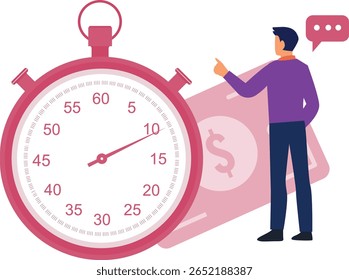 O menino explica ansiosamente o cronômetro, detalhando sua precisão e funções. "Ele mede o tempo com precisão, com recursos de início, parada e volta.