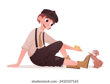 A boy in early 20th century clothes, a hat with a visor, a shirt and pants with suspenders. Funny cartoon child feeding cheese to a pet hamster. Vector isolated illustration.