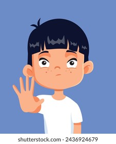 
Boy of East-Asian Ethnicity Making Stop Gesture Vector Character. Unhappy child saying no to xenophobia and discrimination
