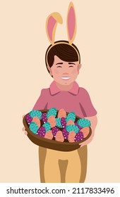 A boy in an Easter bunny costume with a basket containing colorful eggs.