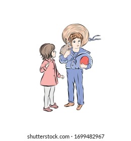 Boy with an Easter egg and a rabbit stands with a girl. Hand drawn vintage people. Clip-art happy children. 