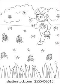 Boy Easter Eggs hunting vector coloring book page line art