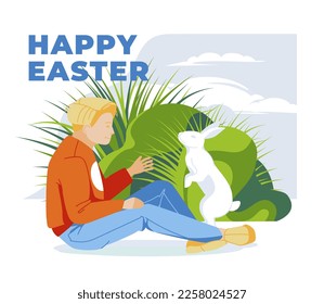 boy with easter white rabbit in English garden. Greeting card design. Flat vector illustration