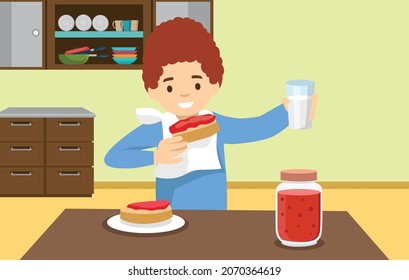 Boy eat Breakfast sandwiches, Jam. Child at table. Food and element of kitchen. Red hair Happy character. Flat cartoon illustration