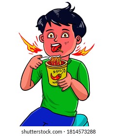 Boy eat spicy instant noodles