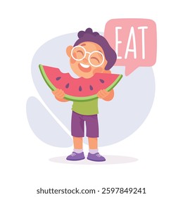 Boy Eat Watermelon as Verb Study with Little Kid Demonstrating Activity Vocabulary Vector Illustration