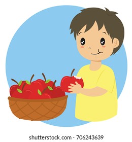 a boy eating an apple and a basket full of red apples cartoon vector