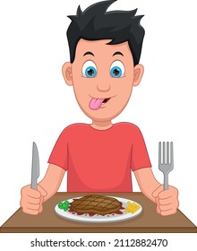 boy eating beef steak cartoon