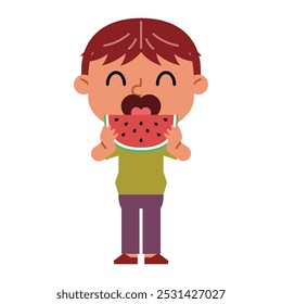 Boy está comiendo una gran rodaja de sandía con un buen apetito. Divertido personaje de dibujos animados. Ilustración vectorial aislada sobre fondo blanco.